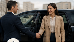 A professional chauffeur welcoming a Prestige Cabs passenger