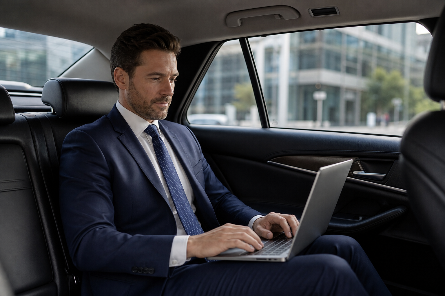 Business traveller working in a Prestige Cabs executive vehicle